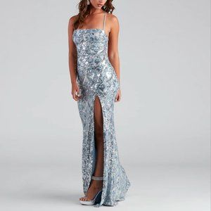 Windsor Brand: Priya Formal Iridescent Sequin Scroll Prom Evening Party Dress